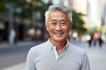 Poster - Portrait of a grinning asian man in his 60s donning a trendy cropped top in front of minimalist or empty room background