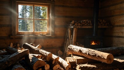 Sunlight streaming through a window in a log cabin, illuminating firewood.