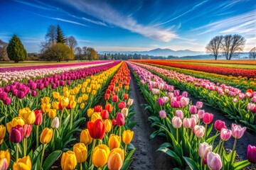 Wall Mural - Colorful tulip field in full bloom under blue sky