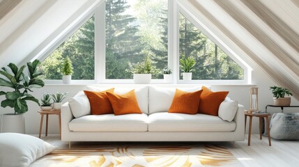 Sticker - White sofa with terra cotta pillows Scandinavian home interior design of modern living room in attic