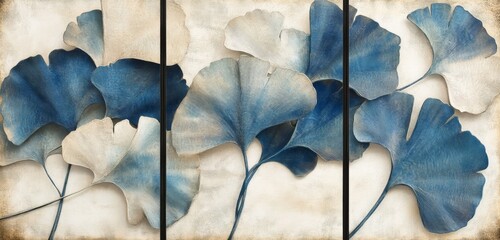 Wall Mural -  Set of 3-piece vertical wall art showcasing abstract ginkgo leaves in   blue and gold