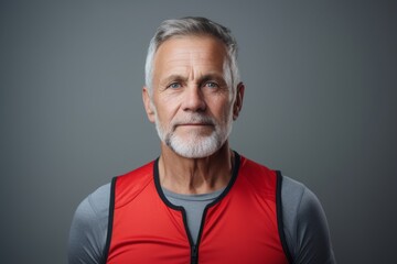 Poster - Portrait of a content man in his 60s wearing a lightweight running vest isolated in minimalist or empty room background