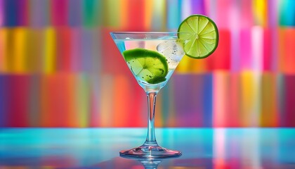 Vibrant martini cocktail with a lime twist displayed on a stylish bar counter against a lively backdrop