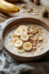 Closeup of a Bowl of Oatmeal with Sliced Banana and Granola.