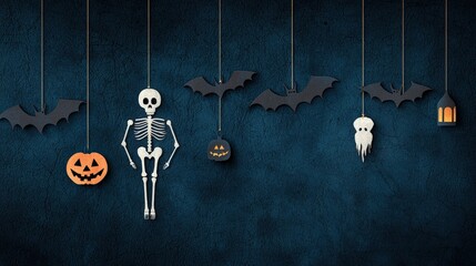 Wall Mural - Halloween decorations with skeleton, bats, pumpkin on dark blue background.