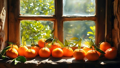 Sunlit rustic windowsill adorned with fresh oranges, radiating warmth and a serene sense of abundance