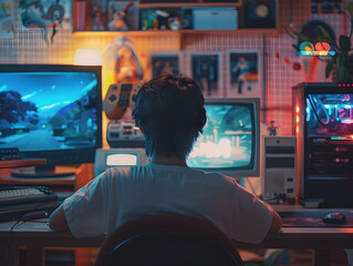Wall Mural - a person smiles while playing a retro video game, basking in nostalgic memories of childhood.