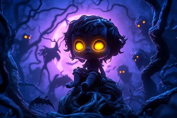 Poster - A dark and eerie doll with glowing yellow eyes, sitting on a twisted tree in a haunted forest. Shadows of strange creatures move around her, and the moon glows with a faint purple hue, casting