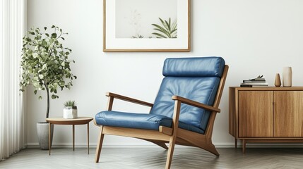 Wooden recliner chair with blue leather cushion near cabinet and side table against white wall with poster frame Scandinavian or mid-century interior design of modern living room