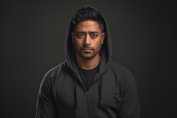 Poster - Portrait of a blissful indian man in his 20s wearing a zip-up fleece hoodie in front of minimalist or empty room background