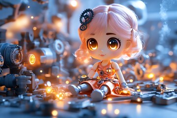 Poster - A cute steampunk doll with pastel pink hair and gears for eyes, sitting in a workshop filled with glowing mechanical parts. Her copper dress shimmers as steam rises from the machines around