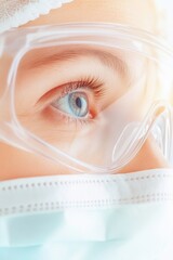 Aufkleber - Close-Up of Female Medical Researcher in Smart Glasses and Mask in High-Tech Lab with Focused Expression