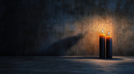 Lit candles casting shadows on a textured wall, creating a warm ambiance.