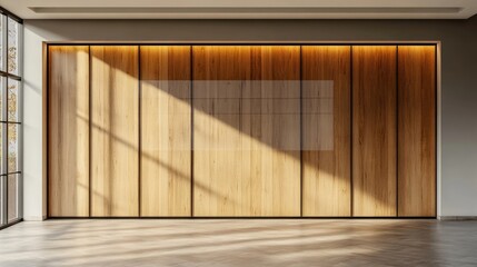 Wall Mural - Wooden wardrobe with glass sliding doors in minimalist style interior design of modern bedroom