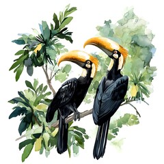 Canvas Print - Watercolor Illustration of Two Hornbills Perched on a Branch.