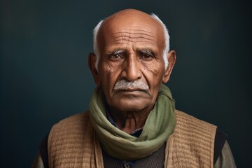 Poster - Portrait of a jovial indian elderly 100 years old man dressed in a water-resistant gilet while standing against minimalist or empty room background