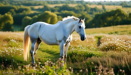 Wall Mural - Summer bliss of a white horse in the serene beauty of a rural field