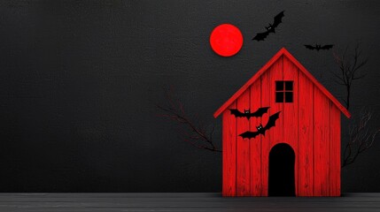 Red haunted house silhouetted against a dark backdrop with bats and a red moon.