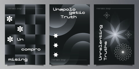 abstract brutalism covers set with big geometric shapes on black background. modern brutalist style 
