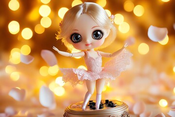 Wall Mural - A doll dressed in a soft pink ballerina outfit, with delicate lace and satin ribbons, dancing on top of a music box surrounded by floating petals. Her large eyes glow softly, reflecting the