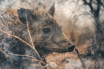 Wall Mural - Wild Boar Close-Up with Artistic Filter Effect.