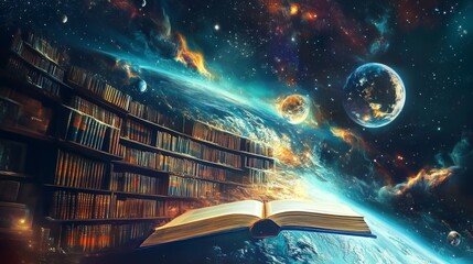 a magical library set against a cosmic background, symbolizing the infinite universe of knowledge an