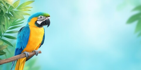 blue and yellow macaw sitting on branch with bright nature background