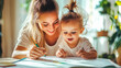© Dina Photo Stories - Mother and daughter are having fun while drawing at home. Happy mom teaching child development. Home school, mother and kid education, creative learning and studying, writing and fun pencil drawing