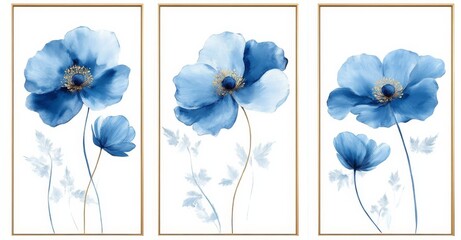 Wall Mural - et of three pieces of blue floral wall art featuring elegant designs on a white background