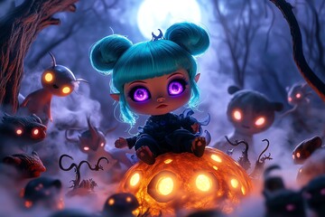 Poster - A doll with bright turquoise hair and glowing purple eyes, sitting on a giant glowing mushroom in a forest of swirling mist. Strange animals with glowing eyes peek out from behind trees, and