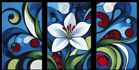  Set of 3 pieces of framed wall art featuring abstract lily flowers on a blue background