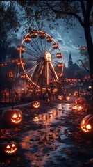 Spooky Halloween carnival ride in an American city park eerie figures on the ferris wheel