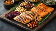 © Jack - An assortment of lean proteins like grilled chicken, salmon, and chickpeas served on a rustic platter, highlighting the protein food group
