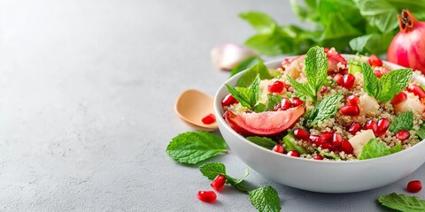 Fresh quinoa salad with pomegranate seeds and mint leaves, showcasing a vibrant and nutritious meal