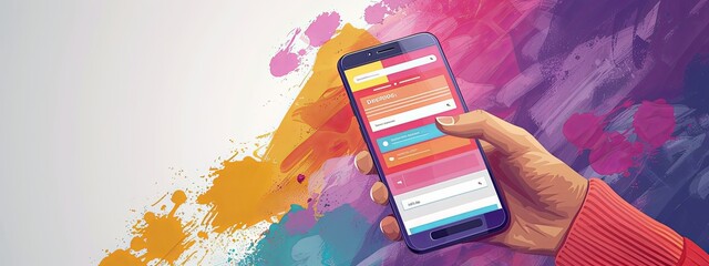 A hand holding a smartphone displaying a colorful news app interface, modern flat style, on an abstract purple and white background, concept of staying informed. Vector illustration