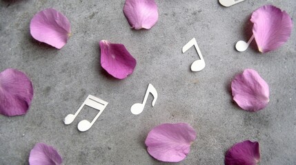 Canvas Print - Minimalist Composition of Pink Flower Petals and Musical Notes on Concrete Background