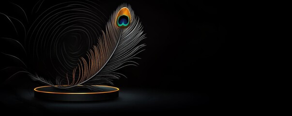 Wall Mural - A stunning peacock feather gracefully illuminated against a dark background, showcasing its vibrant colors and intricate patterns.