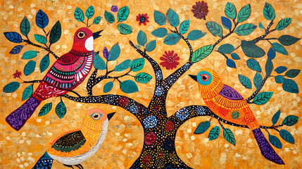  Brightly colored traditional gond folk art from india of birds in a tree on a textured background. Folk Art. Illustration