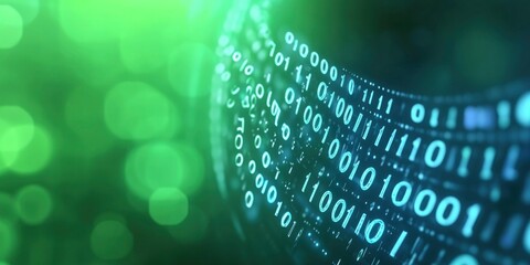 Horizontal view with depth of field, futuristic green background with binary code matrix technology