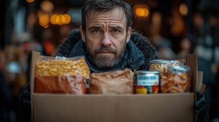 Man Holding Box of Food Donations - Helping Those in Need