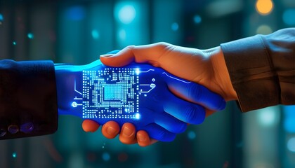 Virtual handshake of digital blue light with glowing binary code, symbolizing artificial intelligence in secure business transactions and partnership commitments