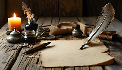 Charming writing desk adorned with quill pen, inkwell, parchment, candle, and vintage writing tools