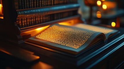 A digital Braille display converts written text, illuminating an inviting reading atmosphere