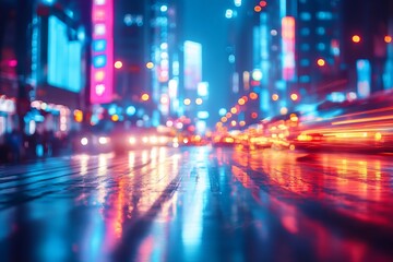 Blurred city street at night with neon lights reflecting on the wet pavement.