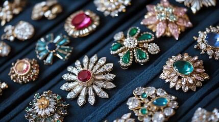 A beautiful display of vintage brooches featuring intricate designs and vibrant gemstones, perfect for jewelry enthusiasts and collectors.