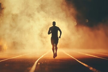 Poster - Runner running on a racetrack at sunrise under a dramatic sky and ambient lighting