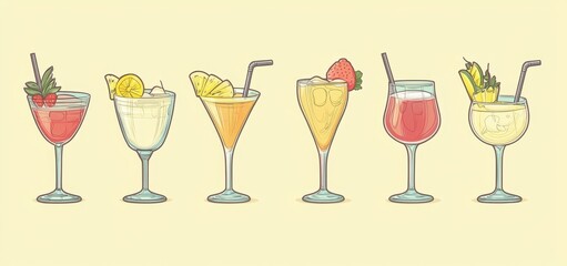 Poster - Cartoon modern cocktail garnishes. Drink glasses lime orange cherry mint alcohol vintage retro colorful posters.