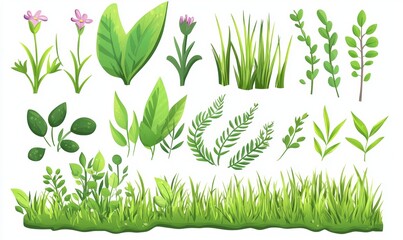 Poster - Cartoon modern grass set with green grass shoots stems leaves pasture border horizontal vegetation isolated in color.