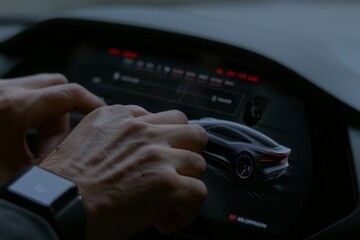 Aufkleber - The man uses his smart watch to check the tire pressure on his smart car, a concept of the future based on technology