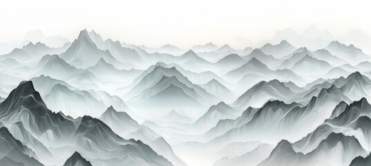 Poster - An abstract, monochrome mountain landscape in black and white. It has a decorative, artistic feel to it.